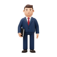 A friendly cartoon businessman in a sharp blue suit stands confidently, holding a black portfolio. His cheerful expression creates a positive and approachable vibe. png