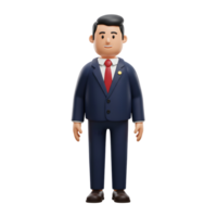 A friendly cartoon businessman stands confidently, his navy suit and red tie adding a touch of sophistication to his cheerful demeanor. A charming and approachable digital illustration. png