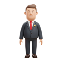 A friendly cartoon businessman smiles warmly, dressed in a sharp suit and red tie. His cheerful demeanor and simple design create a positive, approachable image. png