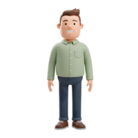 uma sorridente desenho animado homem, vestido dentro uma sábio verde camisa e Sombrio jeans, carrinhos alegremente contra uma branco fundo. dele amigáveis expressão e simples estilo crio uma prazeroso, acessível humor. png