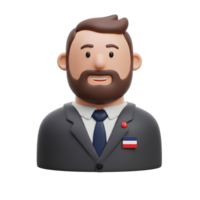 A cheerful 3D rendered cartoon businessman smiles warmly. He's dressed in a dark suit and tie, sporting a neat beard, and proudly displays a small flag on his lapel. Friendly and approachable. png