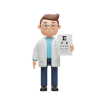 A smiling cartoon optometrist holds an eye chart, ready for your vision check Bright, friendly, and approachable. png