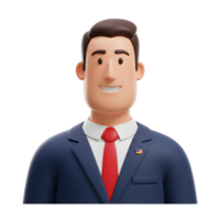 A cheerful 3D cartoon businessman smiles warmly. He's dressed in a sharp navy suit and red tie, projecting confidence and approachability. png