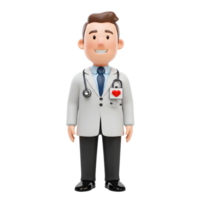 uma alegre 3d desenho animado doutor, vestindo uma laboratório casaco e estetoscópio, carrinhos pronto para ajuda. dele amigáveis sorrir e em forma de coração crachá crio uma esquentar, acessível imagem. png