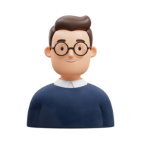 A cheerful 3D cartoon man with glasses smiles warmly. His friendly expression and simple design create a welcoming, approachable mood. png