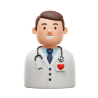 A cheerful 3D-rendered doctor, wearing a white coat and stethoscope, smiles warmly. A small red heart adds a touch of compassion. Friendly and approachable. png