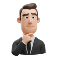 A thoughtful 3D cartoon businessman ponders, hand on chin, showcasing a serious yet charming expression. His dark suit and contemplative pose create a mood of quiet reflection. png