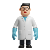 A friendly, 3D-rendered cartoon scientist smiles warmly. He wears a lab coat, glasses, and gloves, creating a cheerful and approachable image. png