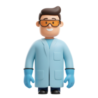 A friendly cartoon scientist beams, wearing a light blue lab coat and protective eyewear. His cheerful expression and simple design create a welcoming, approachable mood. png