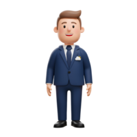 A friendly 3D cartoon businessman smiles warmly, dressed in a sharp navy suit. A tiny sun and cloud on his lapel add a playful touch. Clean, simple style. png