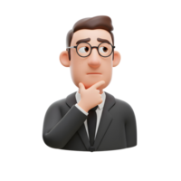 A thoughtful cartoon businessman in a suit, hand on chin, ponders a decision. His expression is serious, creating a contemplative mood. png