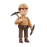 uma amigáveis 3d desenho animado mineiro, relaxado ainda preparar, carrega dele picareta e detém uma amostra. Castanho tons e uma alegre expressão crio uma encantador imagem. png
