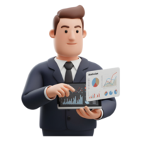 A friendly cartoon businessman confidently presents financial data on a tablet and charts. The scene is bright, clean and professional, conveying a sense of success. png