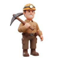 A friendly 3D-rendered miner, helmet gleaming, holds his pickaxe with a cheerful smile. Brown overalls and boots complete his charming look. png