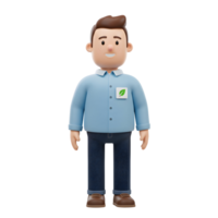 A cheerful 3D cartoon man smiles warmly, showcasing an eco-friendly leaf badge. He's dressed casually in blue, conveying a friendly and approachable image. png