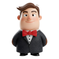 uma alegre desenho animado homem, impecavel vestido dentro uma Sombrio terno e vermelho arco gravata, carrinhos com uma amigável, acessível comportamento. dele renderizado em 3D características crio uma brincalhão, ainda sofisticado olhar. png