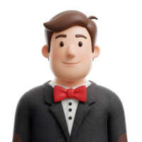 A cheerful 3D cartoon man smiles warmly. He's dressed in a dark suit and a vibrant red bow tie, creating a friendly and approachable mood. png