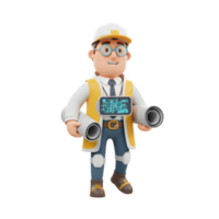 A friendly 3D cartoon architect smiles confidently, holding blueprints and a futuristic smart device. The scene is bright and cheerful, conveying competence and innovation. png