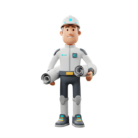 A friendly cartoon engineer, in a futuristic suit and helmet, proudly holds rolled-up blueprints. His cheerful expression and bright attire create a positive and optimistic mood. png