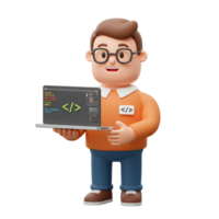 A cheerful 3D cartoon programmer presents a laptop displaying code. His friendly smile and bright orange shirt create a welcoming, approachable feel. png