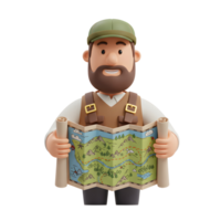 A friendly, bearded man smiles warmly as he unfolds a whimsical map, showcasing a charming landscape full of mountains and rivers. The scene is lighthearted and inviting. png