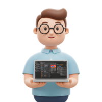 A cheerful cartoon programmer proudly displays a coding interface on his laptop. Bright, friendly, and techy png