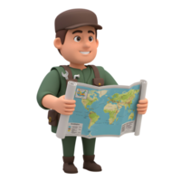 A smiling cartoon explorer, dressed in green, holds a detailed world map, ready for adventure. The scene is cheerful and optimistic. png
