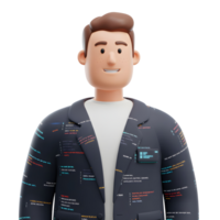 A cheerful 3D cartoon programmer smiles warmly. His dark jacket is playfully covered in colorful code snippets, creating a fun, techy vibe. png