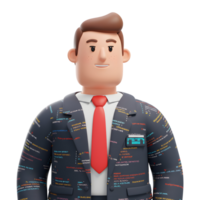 A cheerful 3D cartoon programmer smiles warmly, his suit intricately covered in colorful code. The image conveys a friendly, approachable tech professional. png