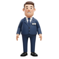 A cheerful 3D-rendered cartoon manager stands confidently, his navy suit and name tag conveying professionalism and approachability. The image exudes a friendly, optimistic mood. png