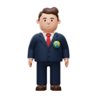 A cheerful 3D cartoon businessman, wearing a dark suit and red tie, proudly displays a small globe pin. His friendly smile conveys optimism and global connection. png