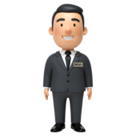 A cheerful cartoon manager, rendered in 3D, stands confidently in a dark suit. His name tag adds a professional touch. The image exudes approachability and friendliness. png