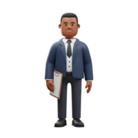 A friendly 3D-rendered businessman stands confidently, holding a clipboard. He's dressed in a sharp suit, conveying professionalism and approachability. png
