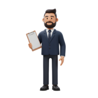 A cheerful 3D cartoon businessman holds a clipboard, ready for notes. His friendly expression and smart suit create a welcoming, approachable mood. png
