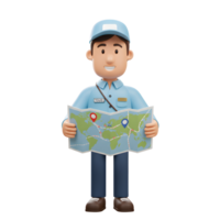 A smiling cartoon delivery person holds a world map, plotting a route. The bright, cheerful style evokes a sense of adventure and journey. Fun and friendly png