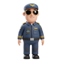 A cheerful cartoon pilot in a crisp uniform, cool shades, and a friendly smile stands ready for takeoff. This charming 3D render evokes a fun, adventurous mood. png