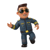 A jovial cartoon pilot, in a cool dark blue uniform and golden sunglasses, strides forward with a welcoming gesture. Fun, friendly, and ready for takeoff png