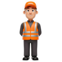A friendly cartoon worker, wearing an orange safety vest and cap, stands with hands behind his back. He looks cheerful and ready to work. A fun, 3D illustration. png