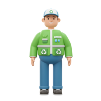 A cheerful 3D cartoon character, a recycling worker, smiles warmly. He's dressed in a bright green jacket adorned with eco-friendly symbols, conveying a positive message about sustainability. png