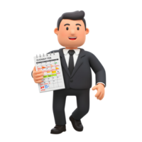 A cheerful 3D businessman confidently displays a February calendar marked with colorful notes. The scene exudes positivity and efficiency. png