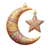 A captivating image of a golden crescent moon and star, adorned with intricate purple and teal patterns. The festive ornaments exude warmth and a celebratory mood. png