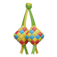 Two vibrant ketupat, woven in cheerful red, yellow, and blue, hang from green and yellow ribbons. A joyful, celebratory scene png