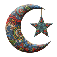 A captivating crescent moon, adorned with vibrant paisley patterns, hangs a colorful star. Intricate details and rich colors create a festive, enchanting scene. png