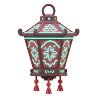 A charming red lantern hangs, adorned with glowing teal floral patterns. Its intricate details and tassels create a warm, festive mood. png