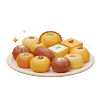 A plate brimming with assorted Indian sweets, each one a miniature masterpiece of color and texture. Warm, inviting, and delicious-looking png