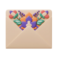 A charming 3D-rendered image shows a pale envelope adorned with cheerful pastel flowers. The vibrant blossoms add a touch of whimsy and spring. A lovely greeting card concept png