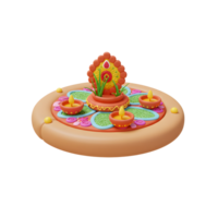 uma delicioso 3d Renderização do uma vibrante rangoli Projeto apresentando aceso diyas, criando uma caloroso e festivo humor. intrincado detalhes e alegre cores brilho png
