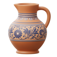 A charming terracotta pitcher, adorned with a delicate blue floral pattern, exudes rustic elegance. The warm tones and intricate details create a peaceful, inviting mood. png