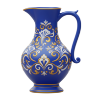 A captivating cobalt blue pitcher adorned with intricate gold and white baroque floral patterns. Its elegant curves and detailed design create a luxurious and sophisticated feel. png