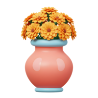 A delightful bunch of bright orange flowers sits in a charming pastel pink vase. The 3D style adds a whimsical touch, creating a cheerful and inviting scene. png